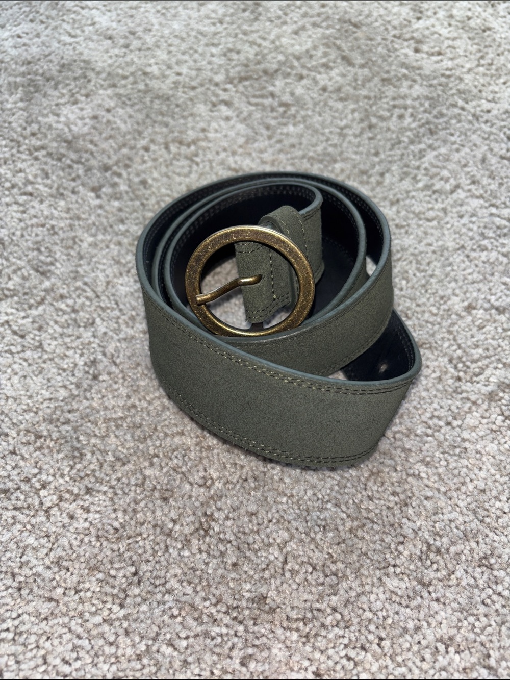 Dockers Olive Green Suede Belt with Round Antiqued Brass Buckle